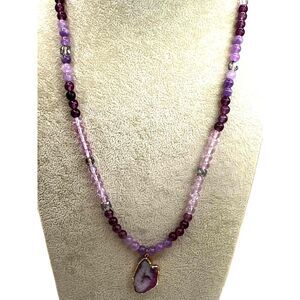 NEW Purple Agate Pendant Necklace With Raw Edge Stone & Purple Acrylic Beads